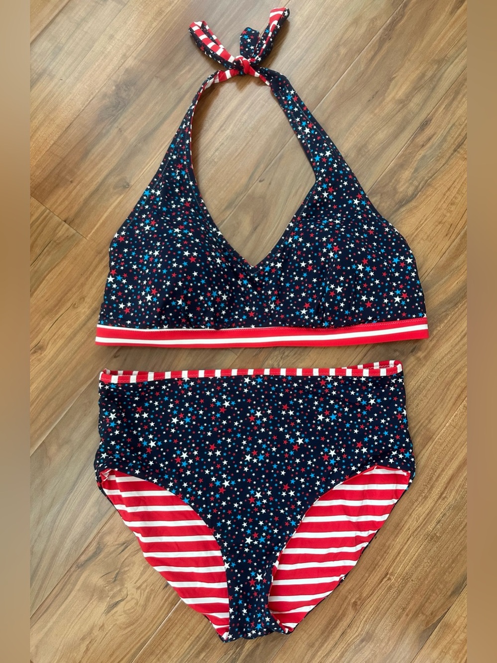 Gently Worn Lands’ End Navy Star & Red Stripe Reversible Two-Piece Swimsuit